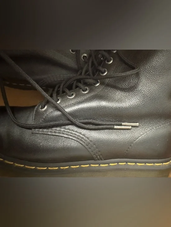 Dr. Martens Black Leather Lace-Up Platform Boots with Yellow Stitching - Picture 9 of 10